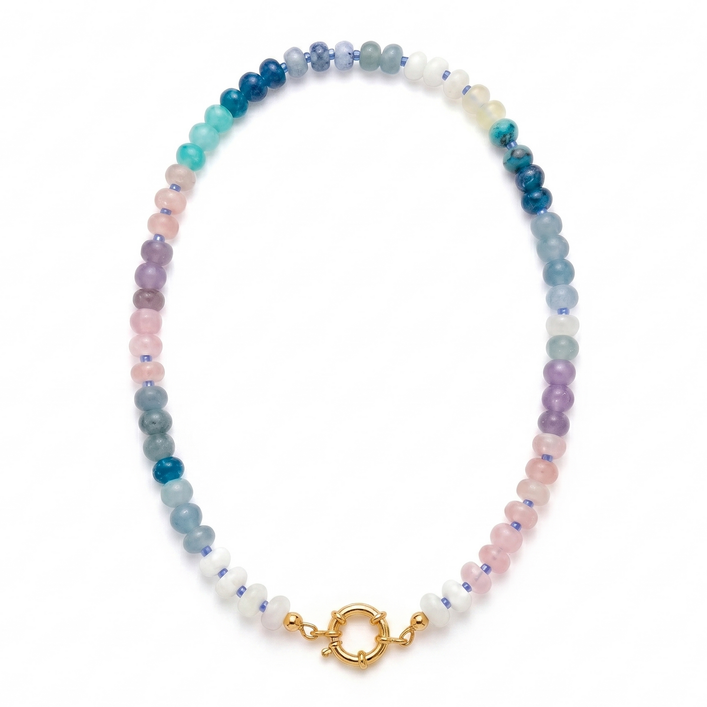 Multicolored beaded bracelet with a gold clasp on a white background