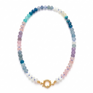 Multicolored beaded bracelet with a gold clasp on a white background