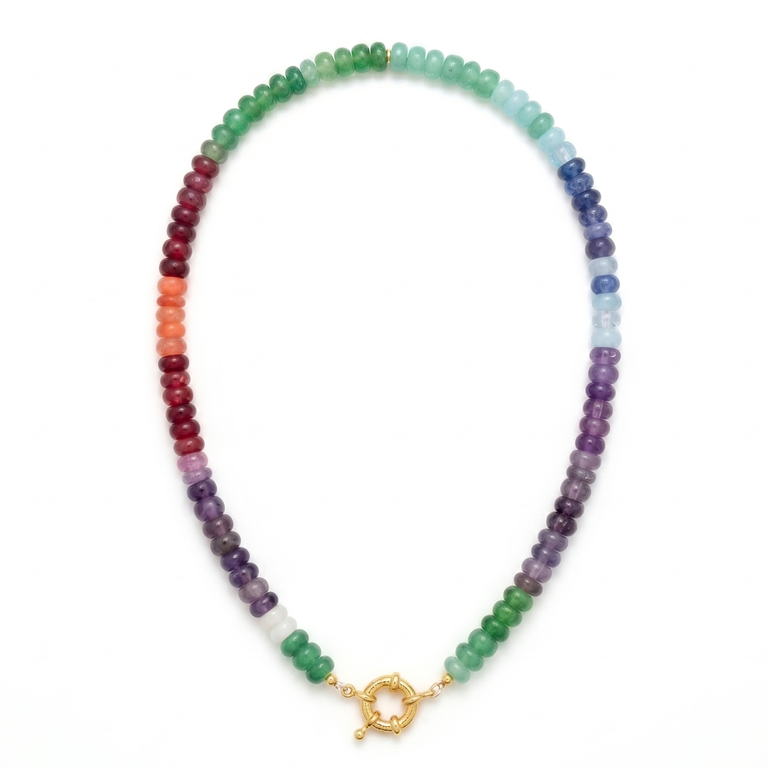 Multicolored beaded necklace with a gold clasp on a white background