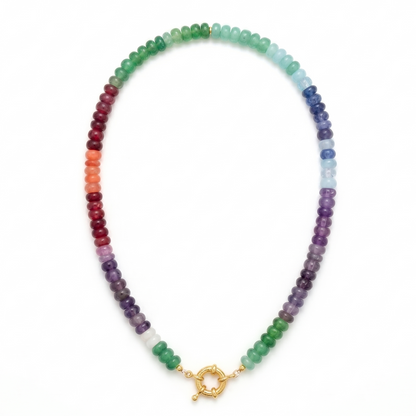Multicolored beaded necklace with a gold clasp on a white background