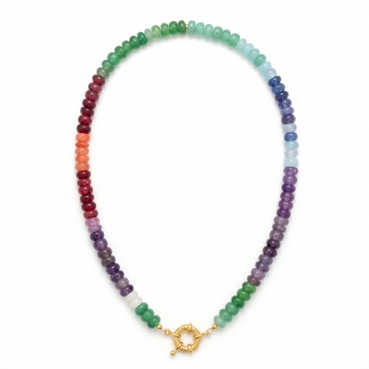 Multicolored beaded necklace with a gold clasp on a white background