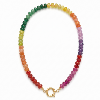 Multicolored beaded necklace with a gold clasp on a white background