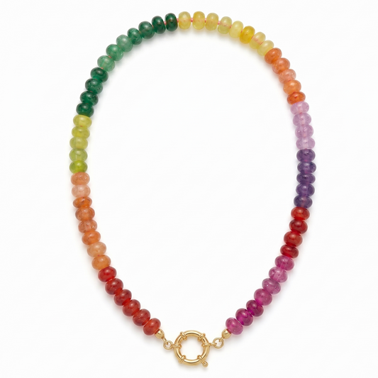 Multicolored beaded necklace with a gold clasp on a white background