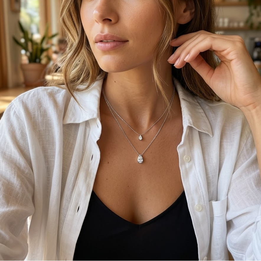 Woman wearing a white shirt and black top with layered necklaces in a kitchen setting