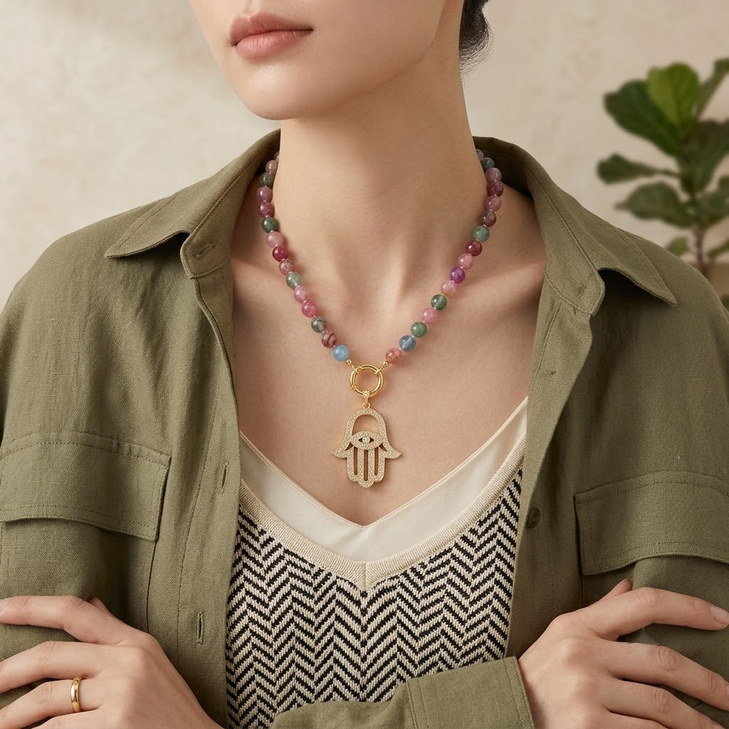 CZ Hamsa Hand Pendant